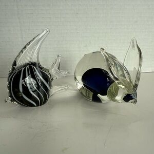 2 Hand Blown Art Glass Black + White Fish and Blue Mouse Art Glass Paperweights